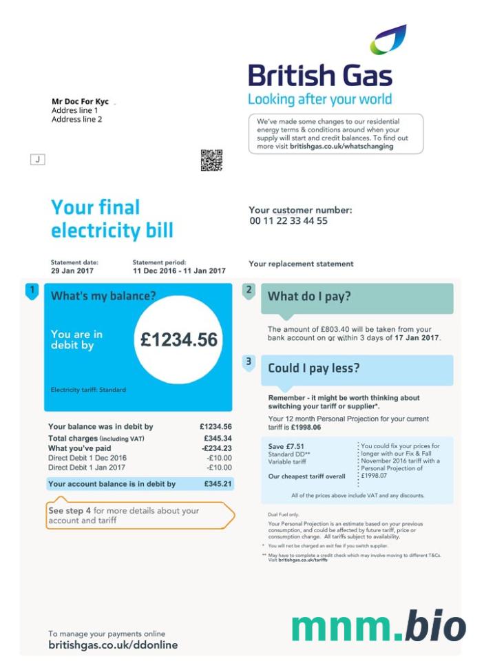 United Kingdom British Gas bill template PSD